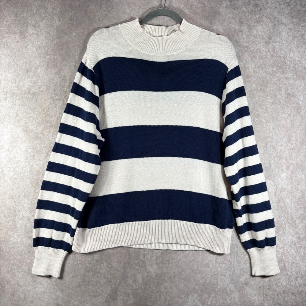 J.Crew Sweater Women Size XL Blue White Striped Pullover Mock Neck Cotton Preppy